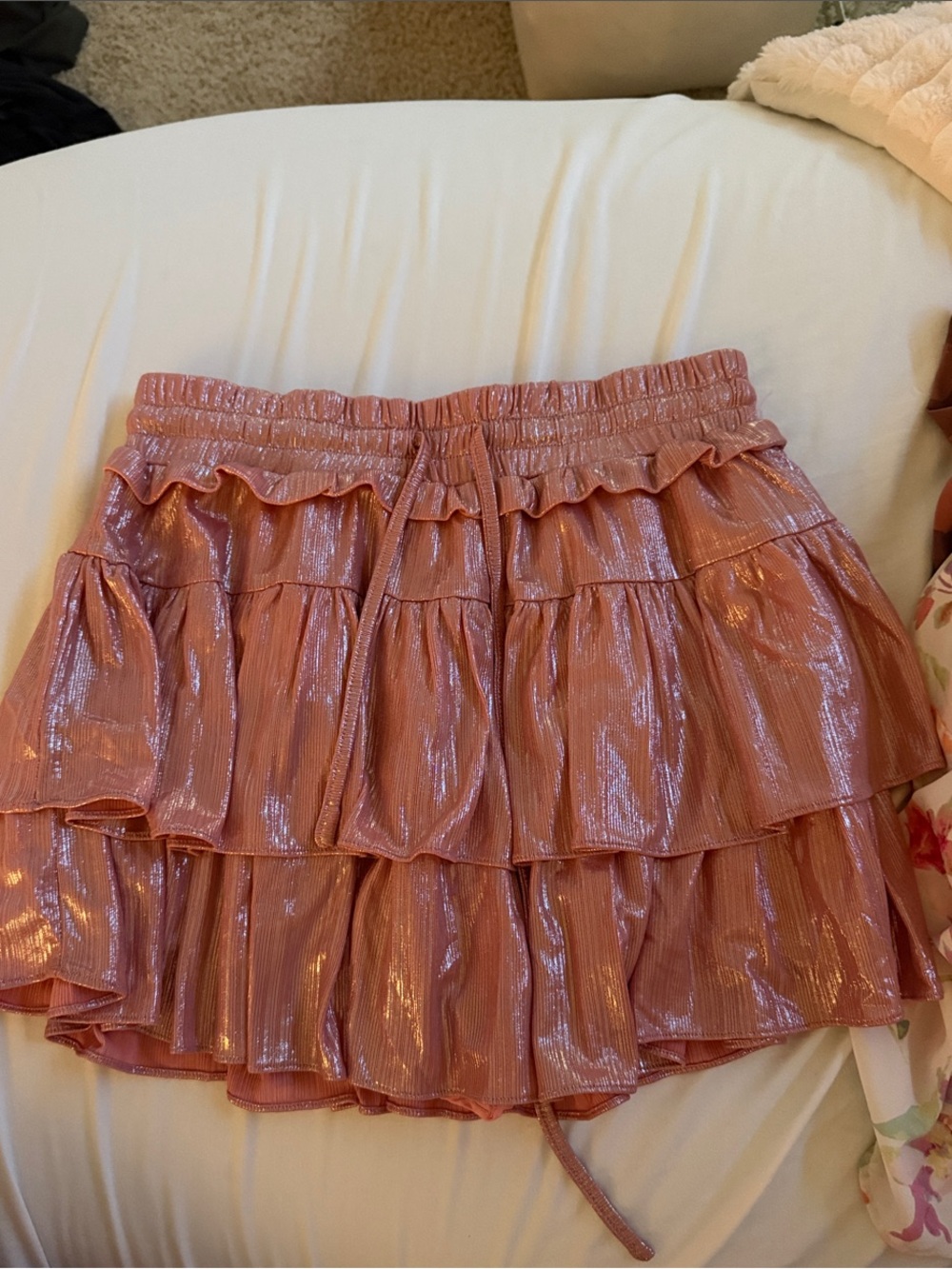 Ruffled Metallic Pink Tiered Mini Skirt